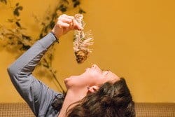 スペインから来た女性がソファに座って、食べ物を丁寧に食べています。