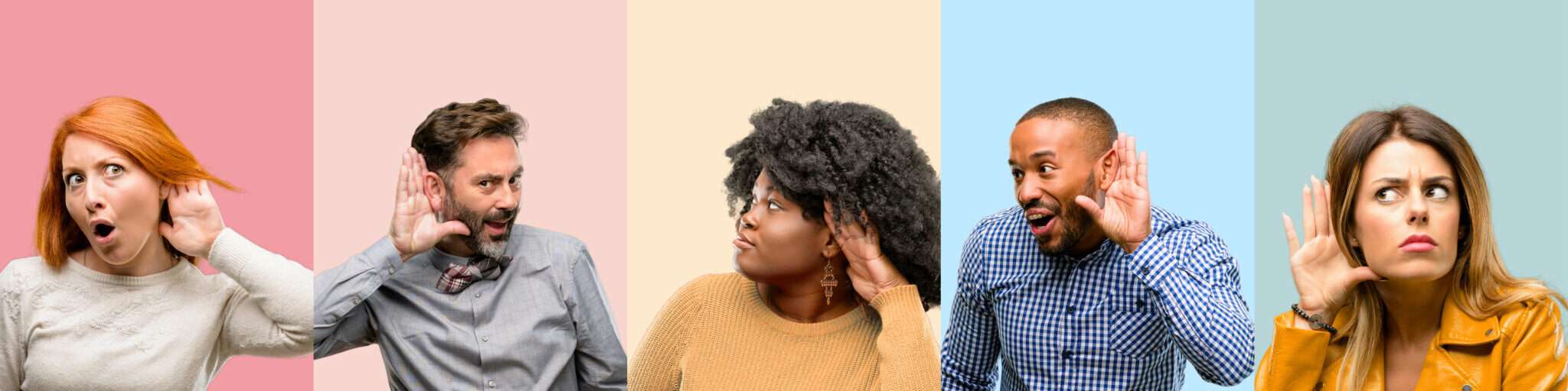 スペインのカラフルな背景の前で耳を覆う人々のグループ。