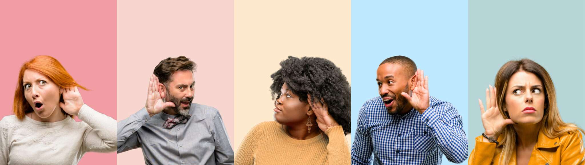 スペインのカラフルな背景の前で耳を覆う人々のグループ。