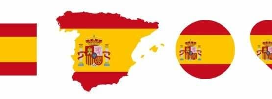 ハートと国旗が付いたスペインの地図。