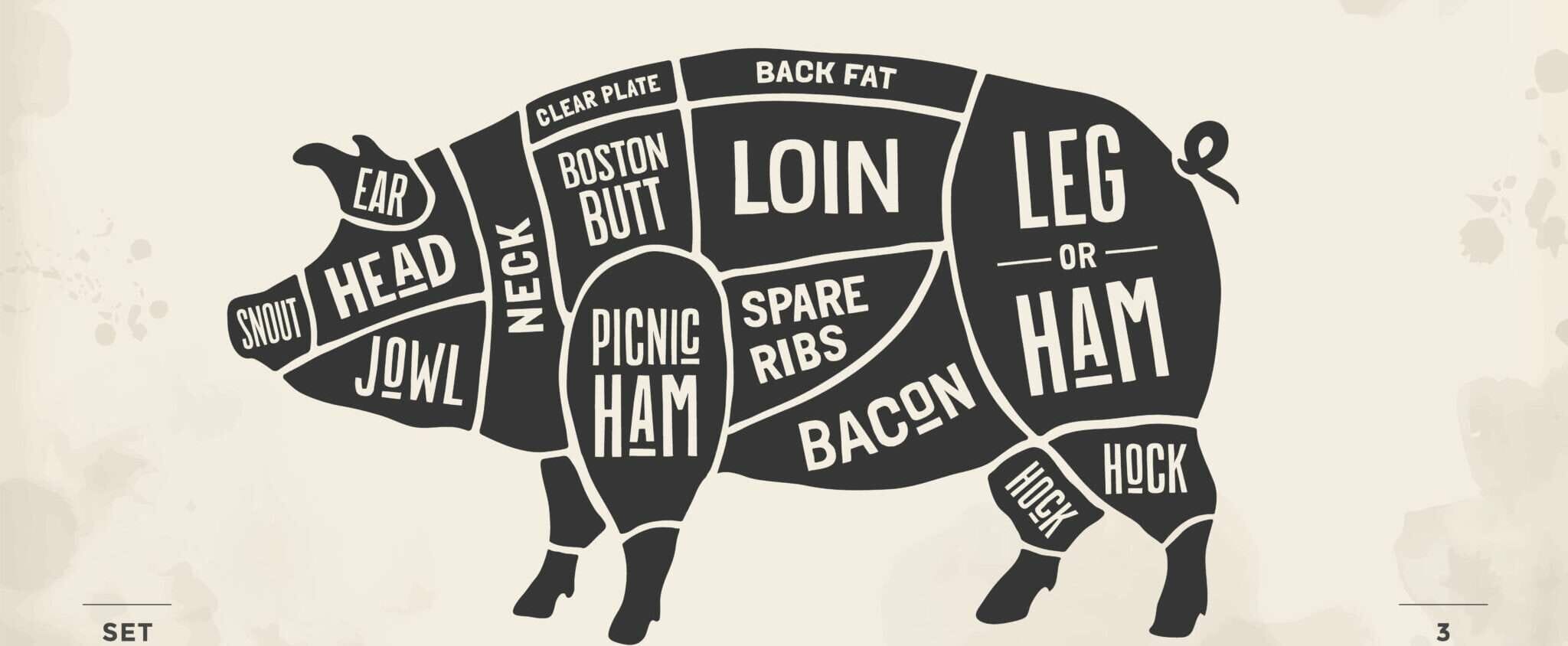 スペイン風の白黒イラストで、さまざまな肉の部位が描かれた豚のイラストです。 スペイン風の白黒イラストで、さまざまな肉の部位が描かれた豚のイラストです。