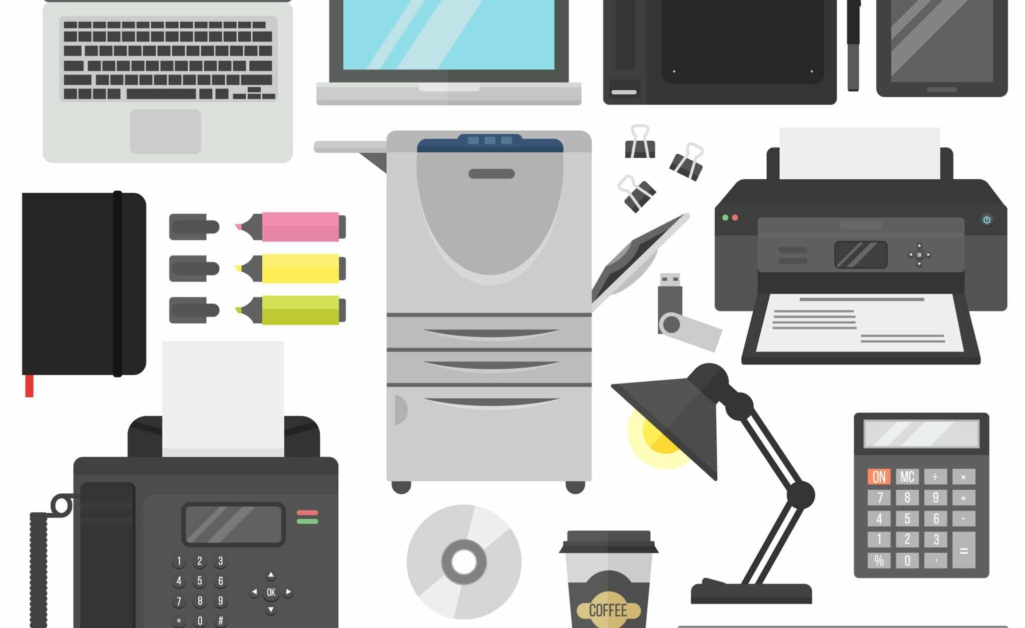 プリンター、スキャナー、FAX などのオフィス機器のセット。