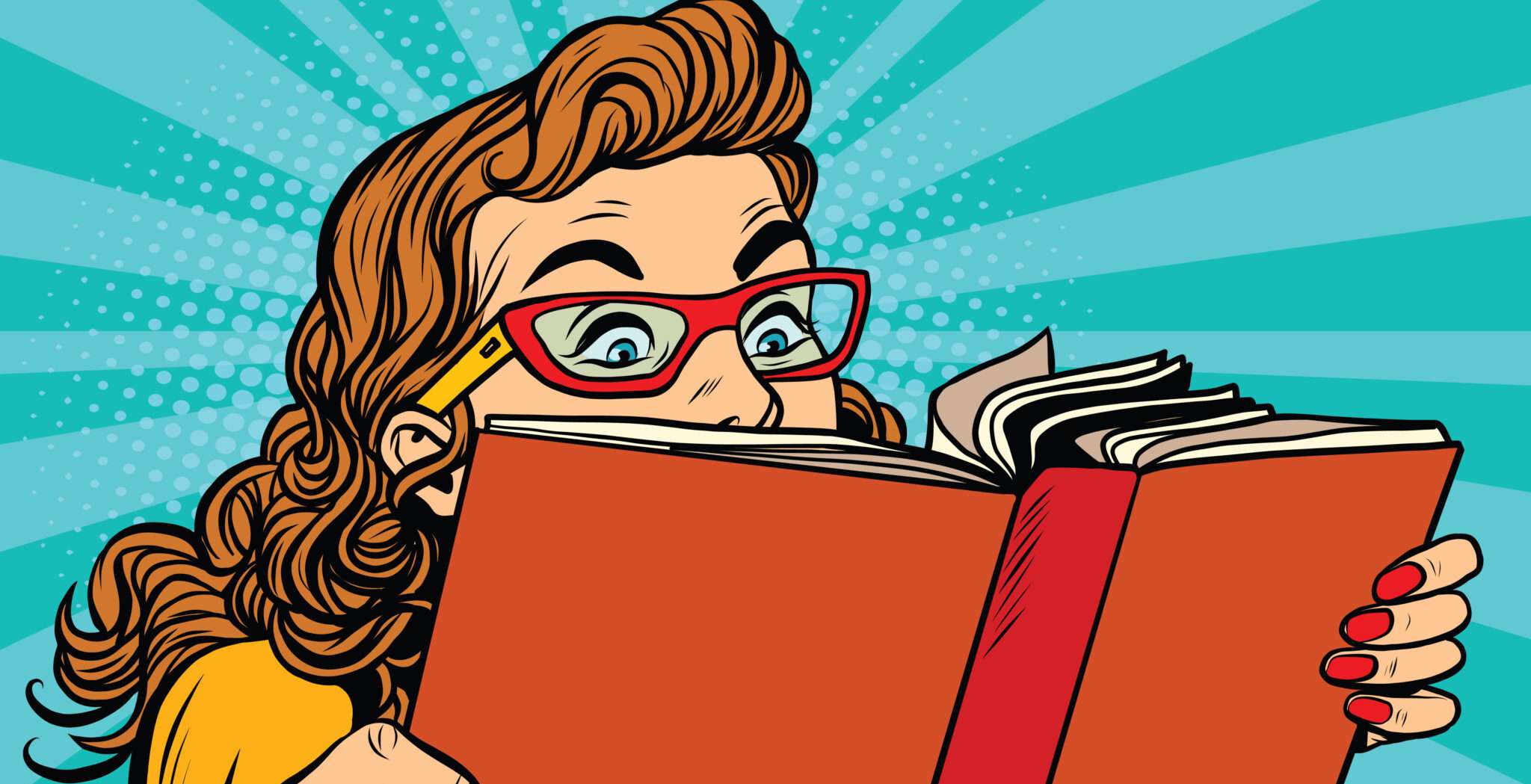 メガネをかけた女性がスペインに関する本を読んでいます。