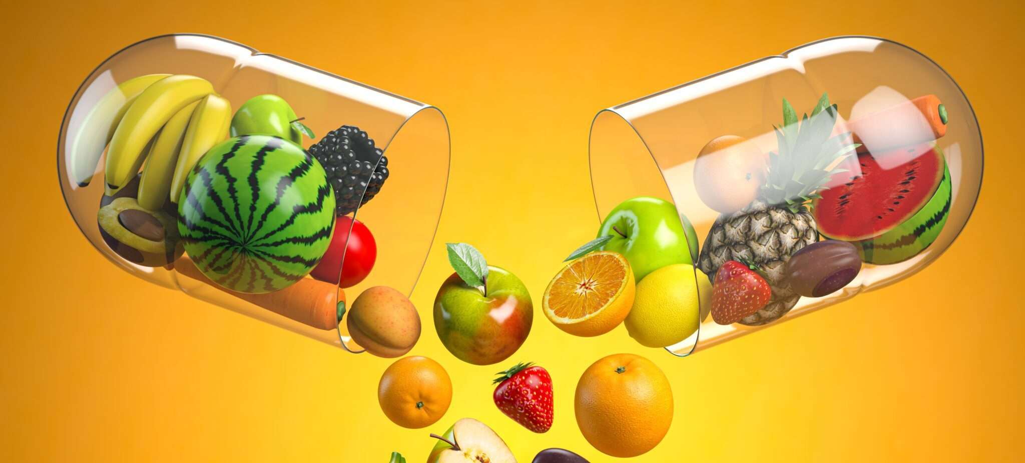 スペイン風のデザインで、黄色の背景に果物が落ちる錠剤。