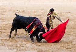 砂浜に赤いマントをかぶったスペインの闘牛士。