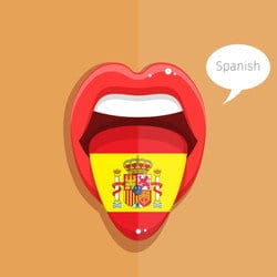 女性の舌にスペインの国旗と吹き出し。