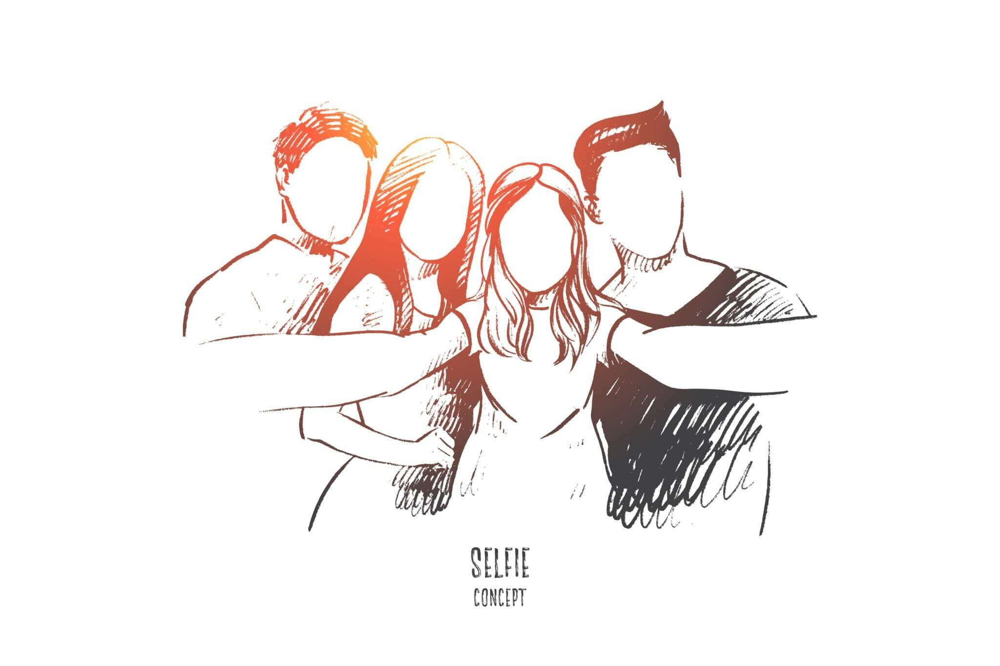 スペイン風の服装で手を繋いでいる人々のグループの絵。