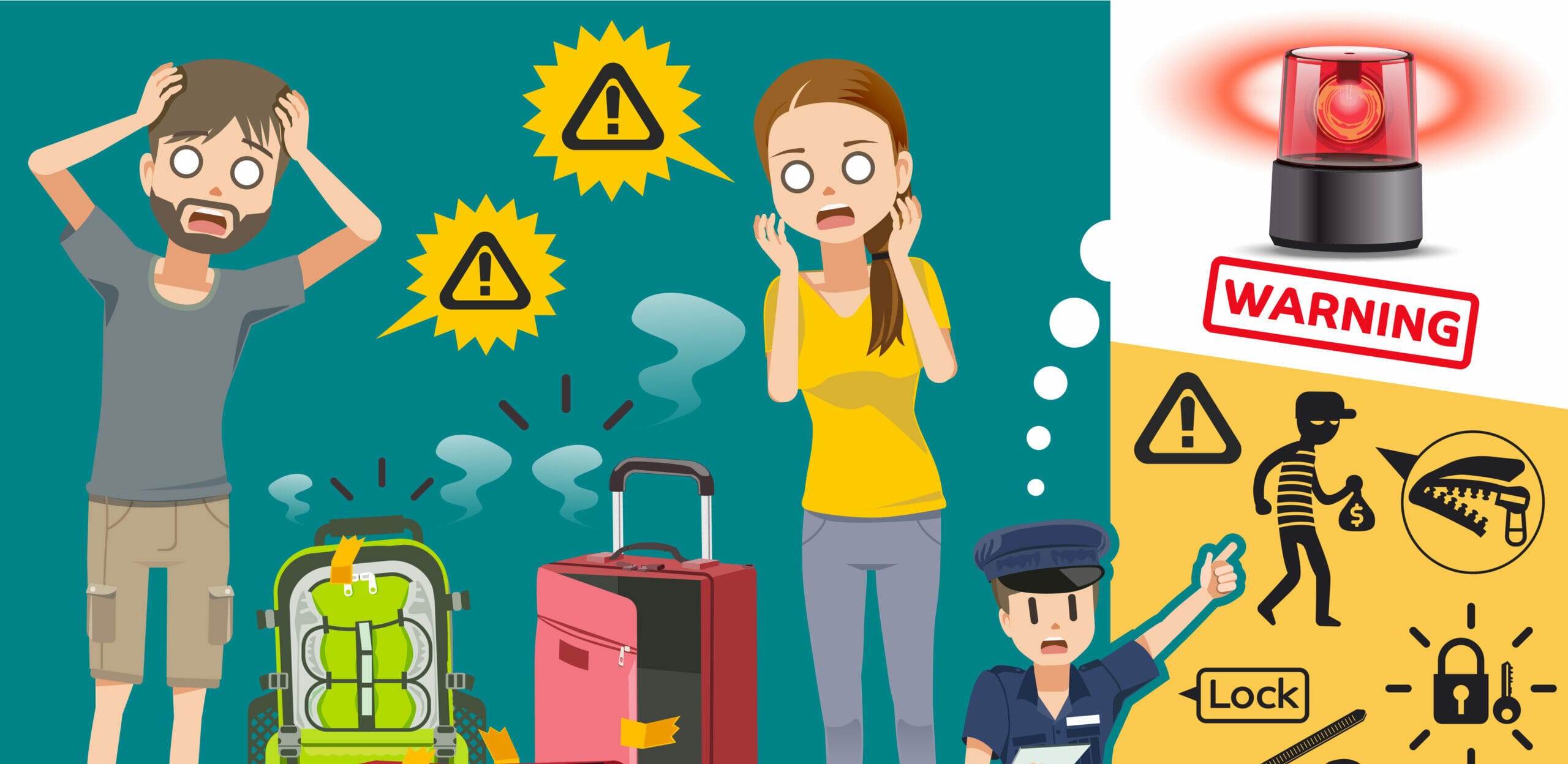 スペインで荷物と警告標識を持った人々のグループ。