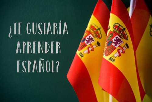 「tu gustaria aprendir espanol?」という言葉が書かれた 2 つのスペイン国旗。