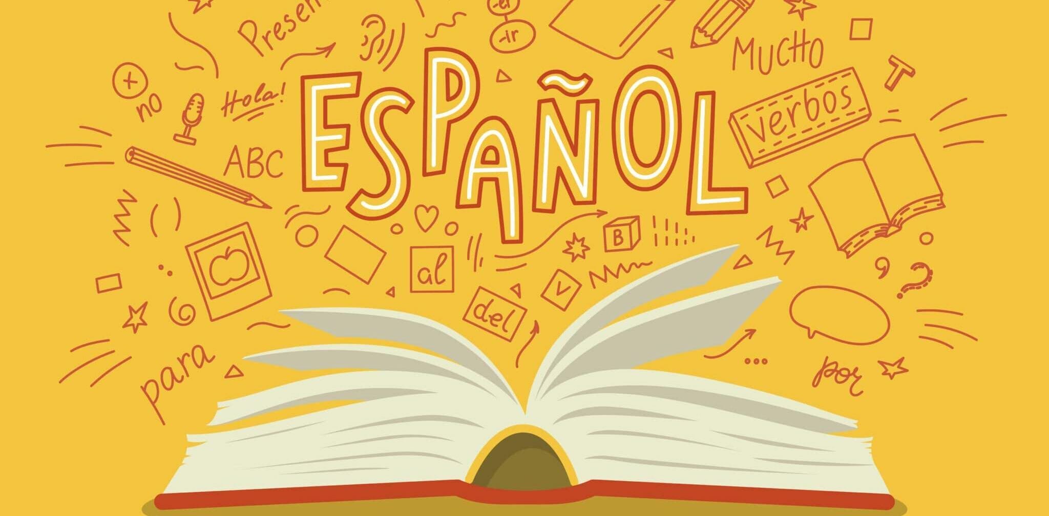 「スペイン」という単語が落書きで囲まれた開いた本。