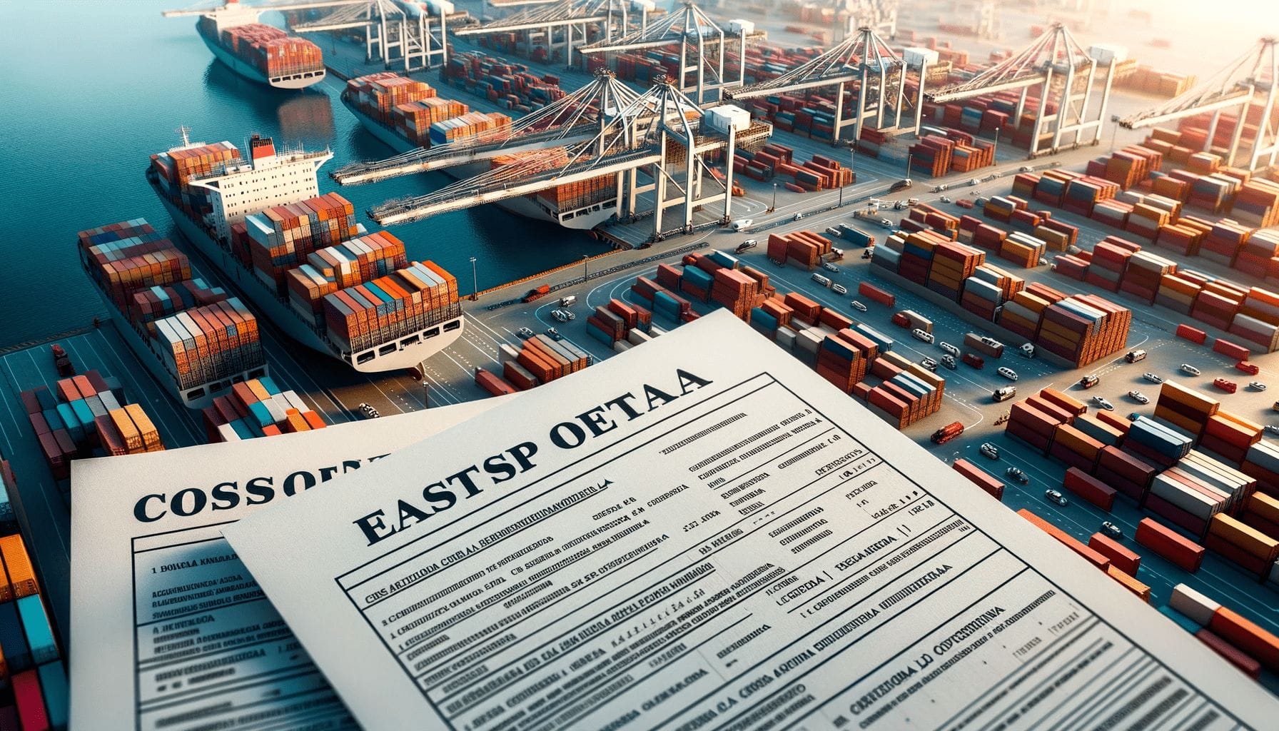 Coast to Coastという単語が書かれた書類をコンテナ船の上に置き、スペイン語で輸出入に関する表現を学びます。 Coast to Coastという単語が書かれた書類をコンテナ船の上に置き、スペイン語で輸出入に関する表現を学びます。