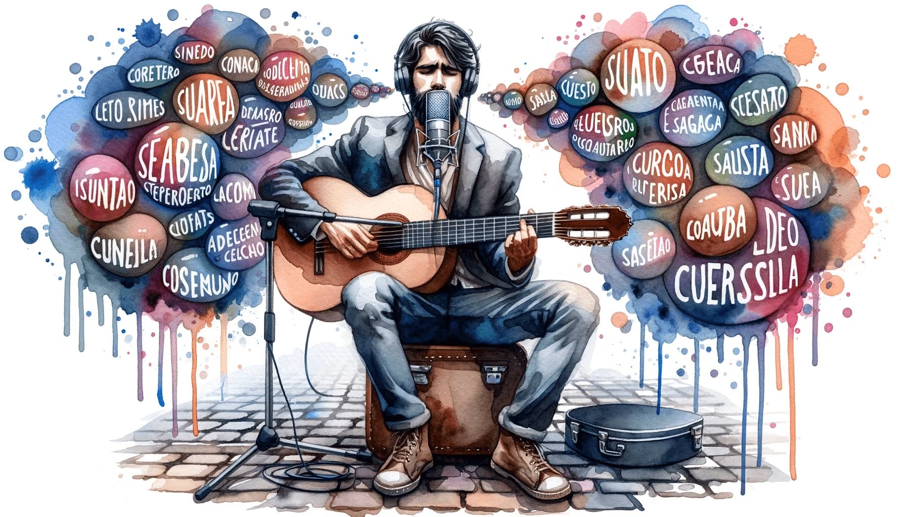 スペイン語を語りながら弾く男性のアコースティックギターの姿。 スペイン語を語りながら弾く男性のアコースティックギターの姿。