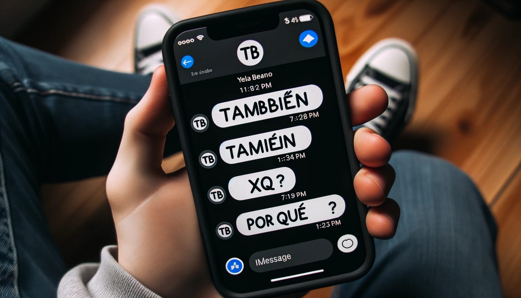 チャットで一般的に使用されるスペイン語の頭字語を使用したテキスト メッセージが含まれる電話を持っている人。
