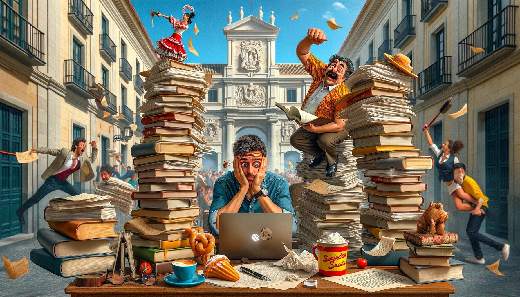 ラップトップを前にテーブルに座り、熱心に卒業論文に取り組んでいる男性。