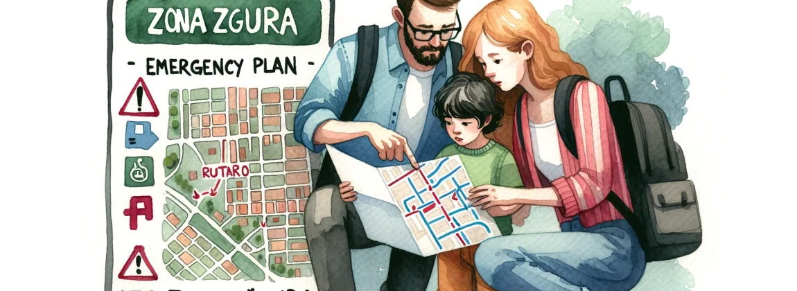 緊急事態中に地図を見ている家族のイラスト。