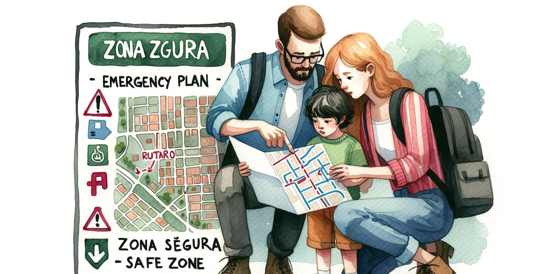 緊急事態中に地図を見ている家族のイラスト。 緊急事態中に地図を見ている家族のイラスト。