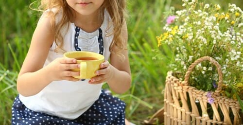 スペインから来た小さな女の子がお茶を飲みながら草の中に座っています。