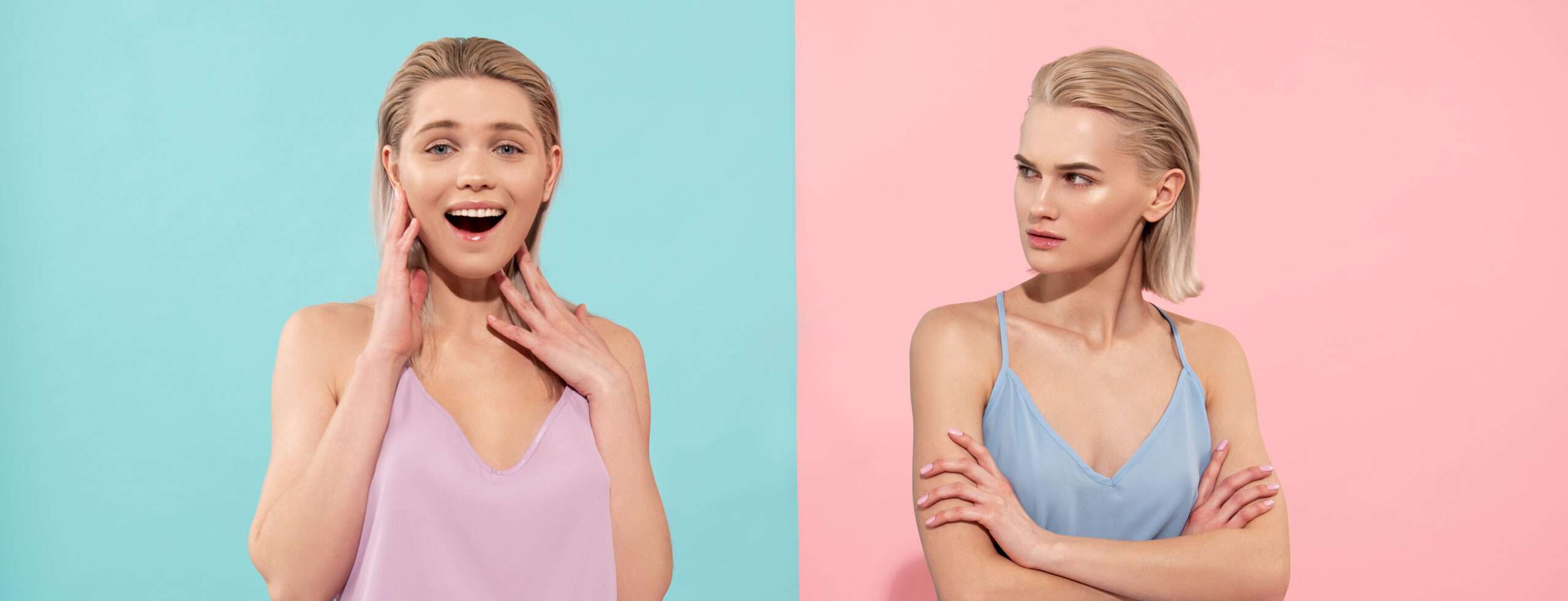 ピンクとブルーのトップスを着た 2 人の女性が並んで立っており、スペイン語で羨望の気持ちを表現しています。