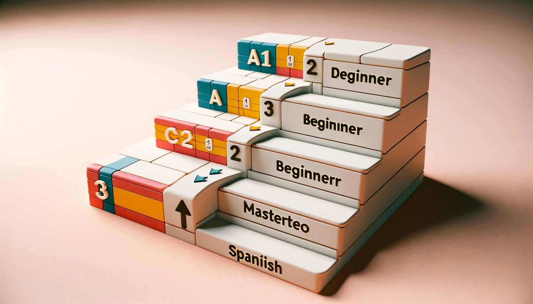 スペイン語の習熟度を表す数字が書かれた木製の階段。