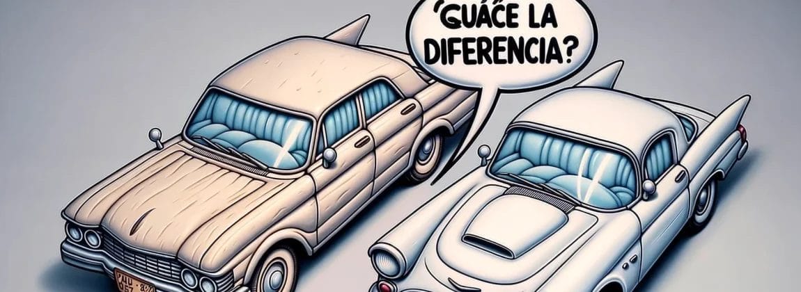 便利なスペイン語のフレーズ「¿cuál es la diferencia?」を強調する「guerra la diferencia」という言葉が描かれた 2 台の車の漫画。