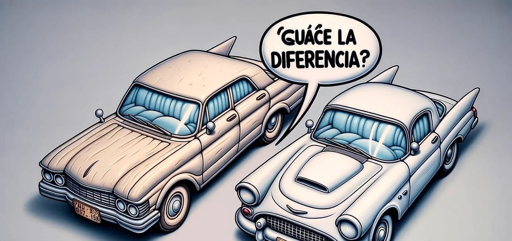 便利なスペイン語のフレーズ「¿cuál es la diferencia?」を強調する「guerra la diferencia」という言葉が描かれた 2 台の車の漫画。