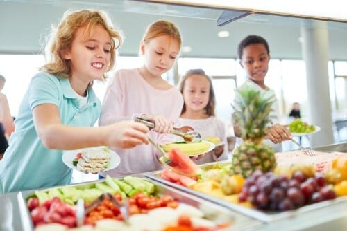 スペインから来た子供たちのグループがビュッフェから食べ物を取っています。