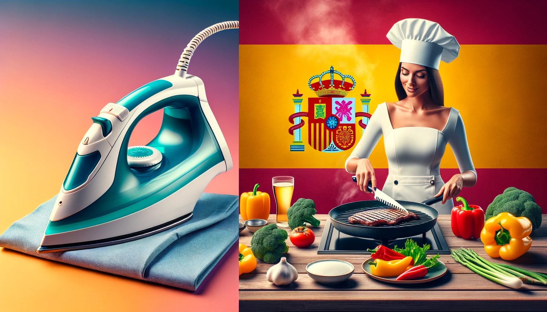 アイロンとスペイン国旗を使って料理をしている女性の写真 2 枚。 アイロンとスペイン国旗を使って料理をしている女性の写真 2 枚。