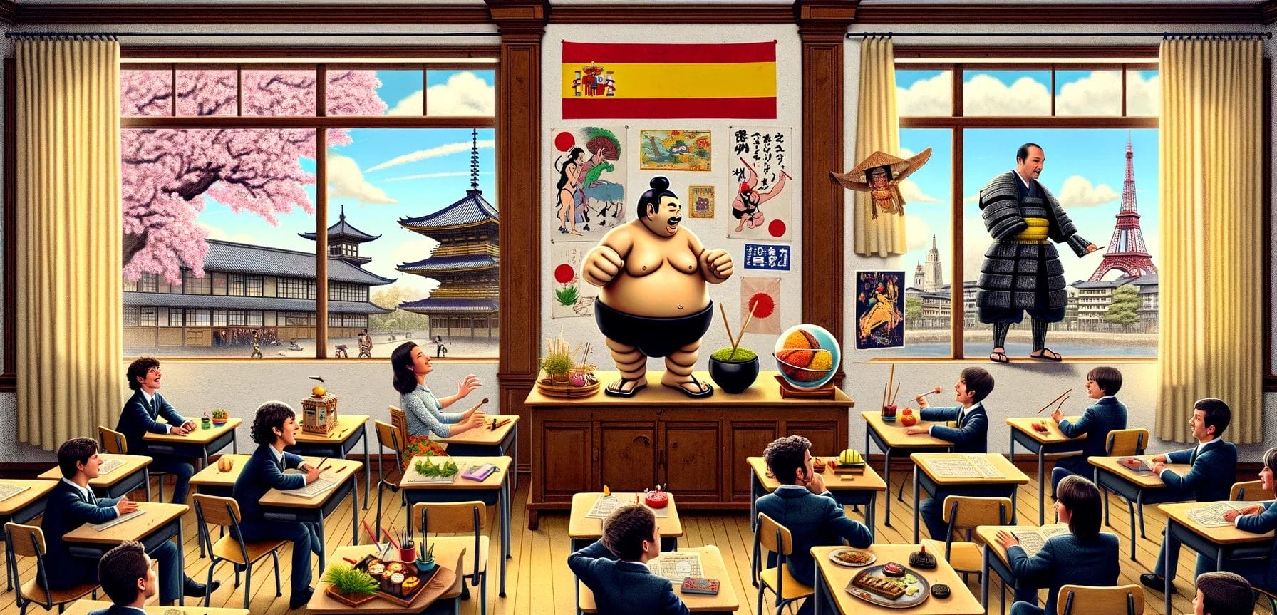 日本の教育システムを説明するために、机に座っている人々がいる日本の教