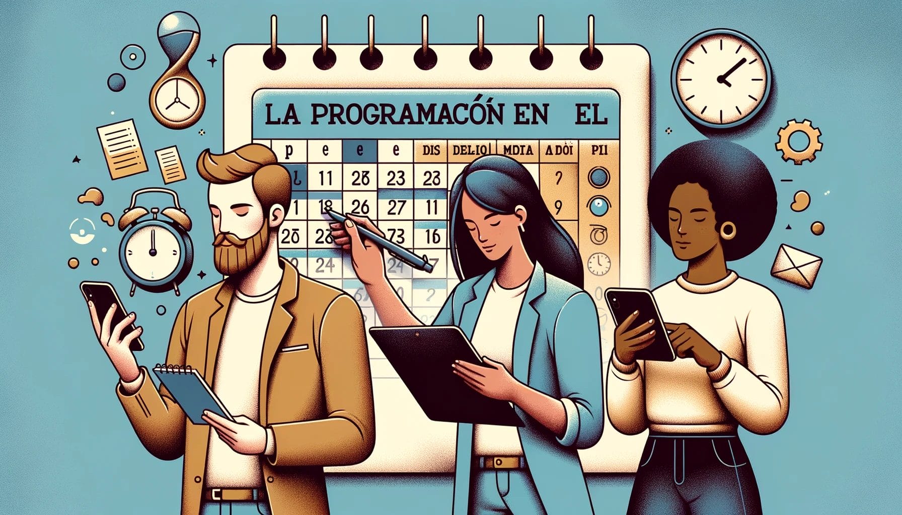 スケジュールを見ている人々のグループのイラスト。