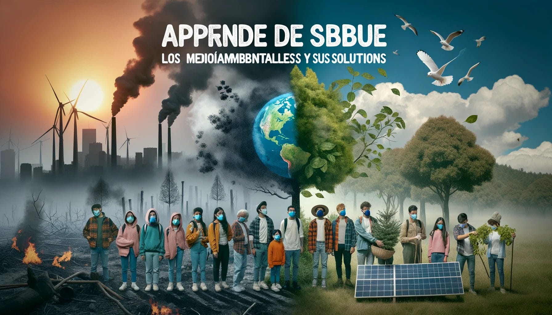 地球環境とスペイン語を強調する「aprendede de sbbue」という言葉が書かれた木の前に立つ人々のグループ。