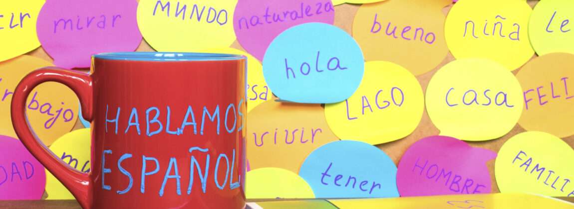 ノートの横にある「habla español」という単語が描かれたマグカップで、スペインでのtúとustedの使い分けを強調しています。 ノートの横にある「habla español」という単語が描かれたマグカップで、スペインでのtúとustedの使い分けを強調しています。