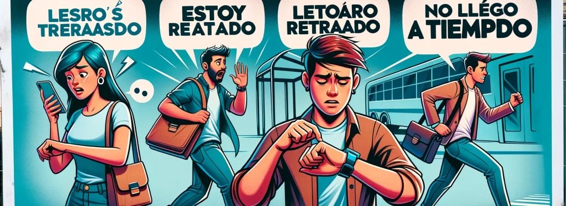 口語表現とスペイン語を使用して、通りを歩く人々のグループを描いた看板。