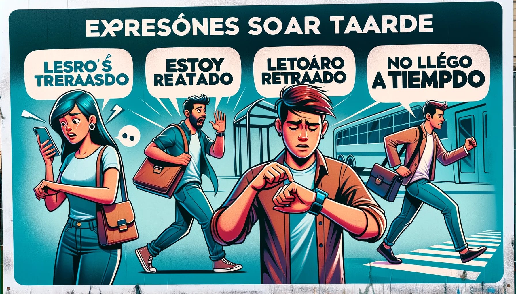 口語表現とスペイン語を使用して、通りを歩く人々のグループを描いた看板。