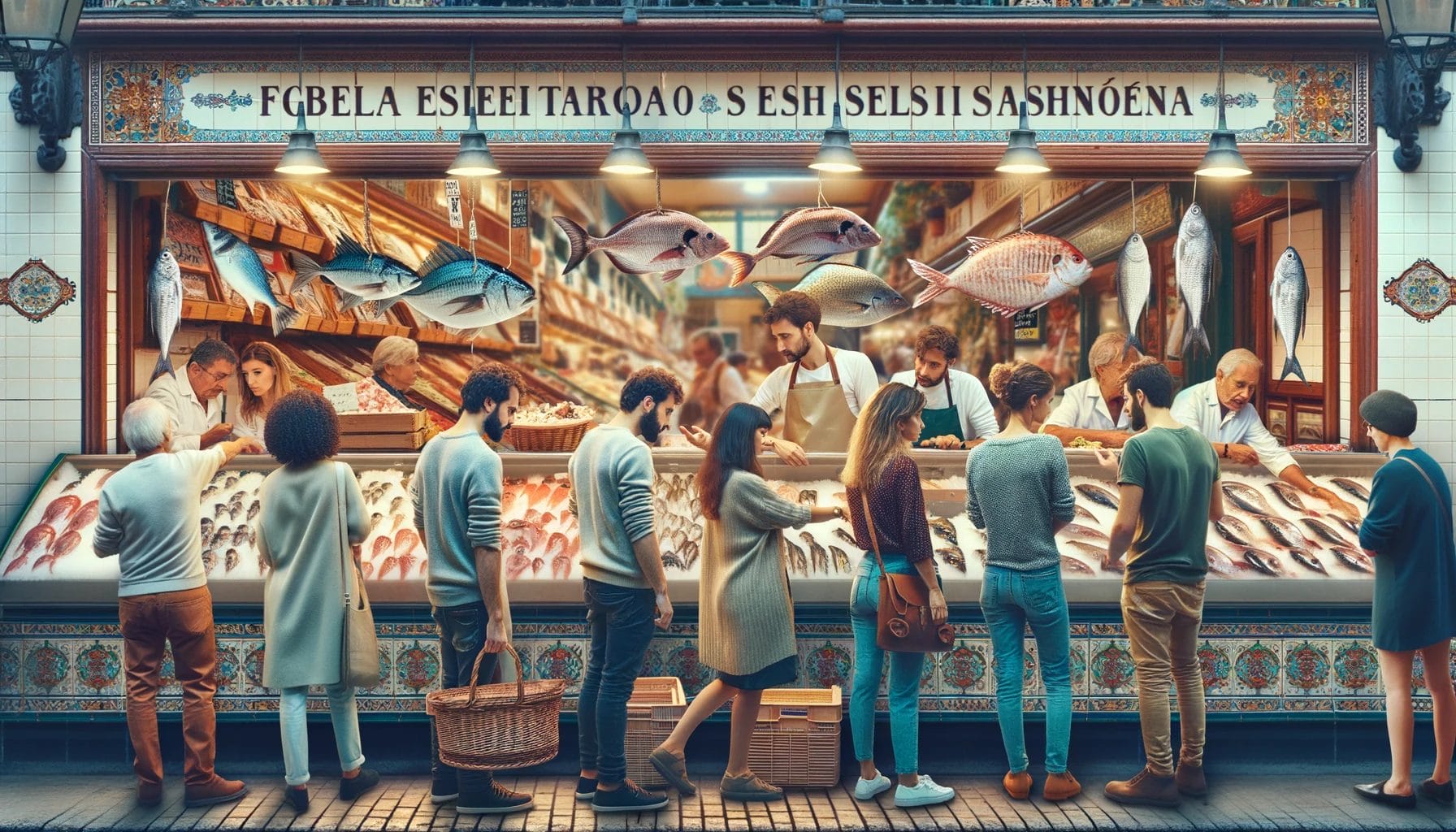 魚屋さんの前に立つスペイン人。