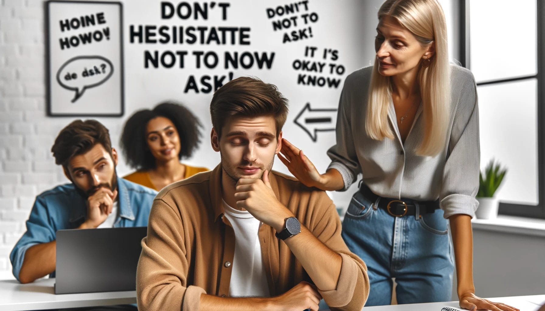 「アホラ・ノー・ガイ・アン・プレガンタル」と書かれた看板を掲げたオフィスにいる人々のグループ。 「アホラ・ノー・ガイ・アン・プレガンタル」と書かれた看板を掲げたオフィスにいる人々のグループ。