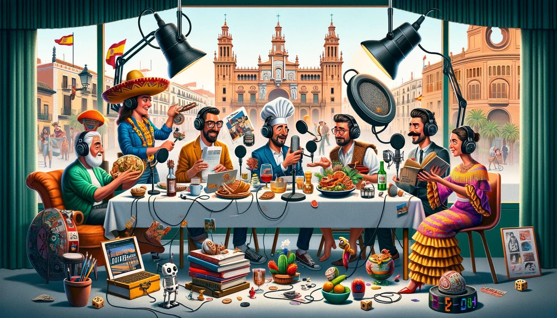 テーブルの周りに座っている人々のグループを描いたスペイン風の絵画。 テーブルの周りに座っている人々のグループを描いたスペイン風の絵画。