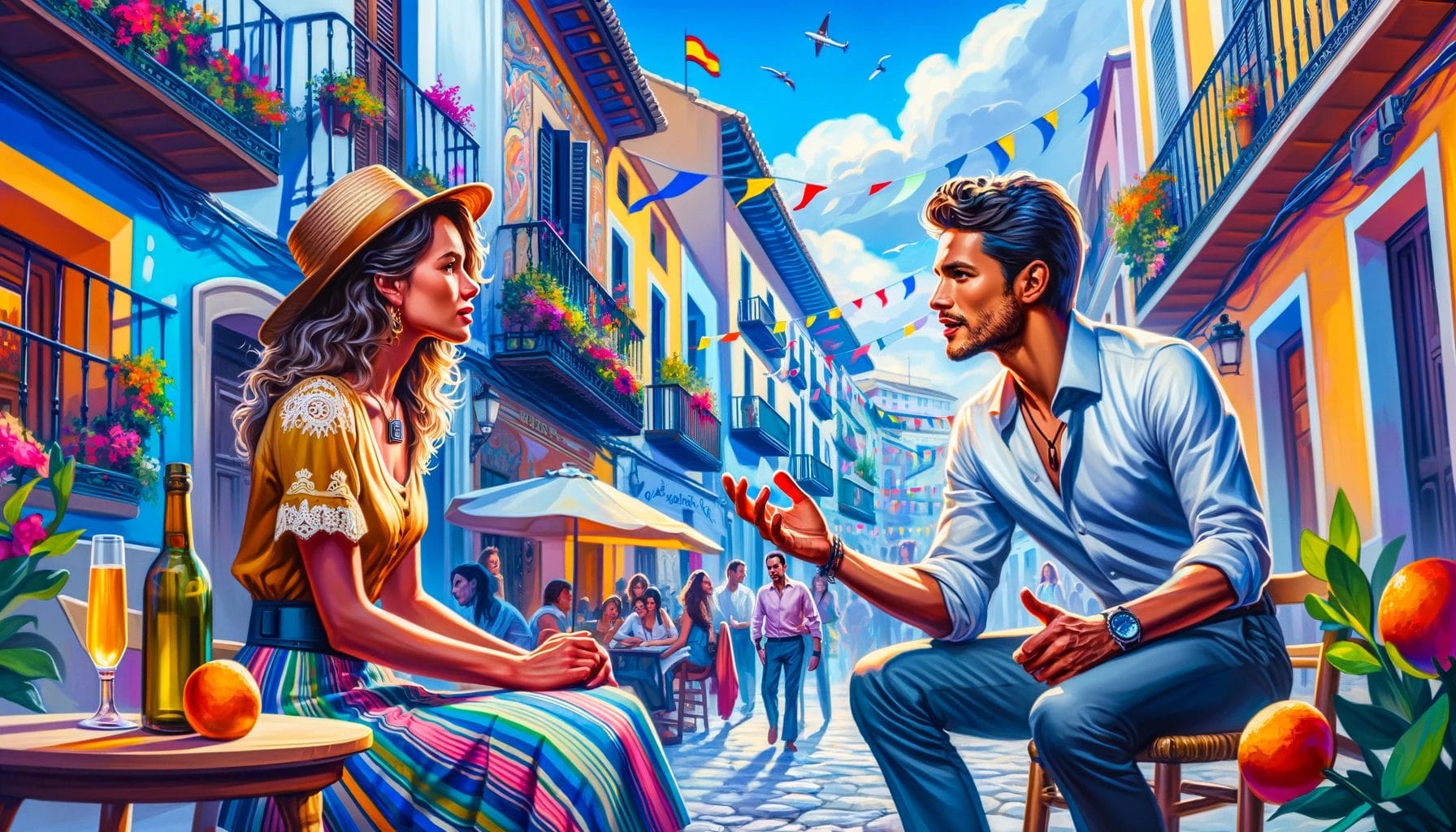 路上で熱く語り合う男女の絵。