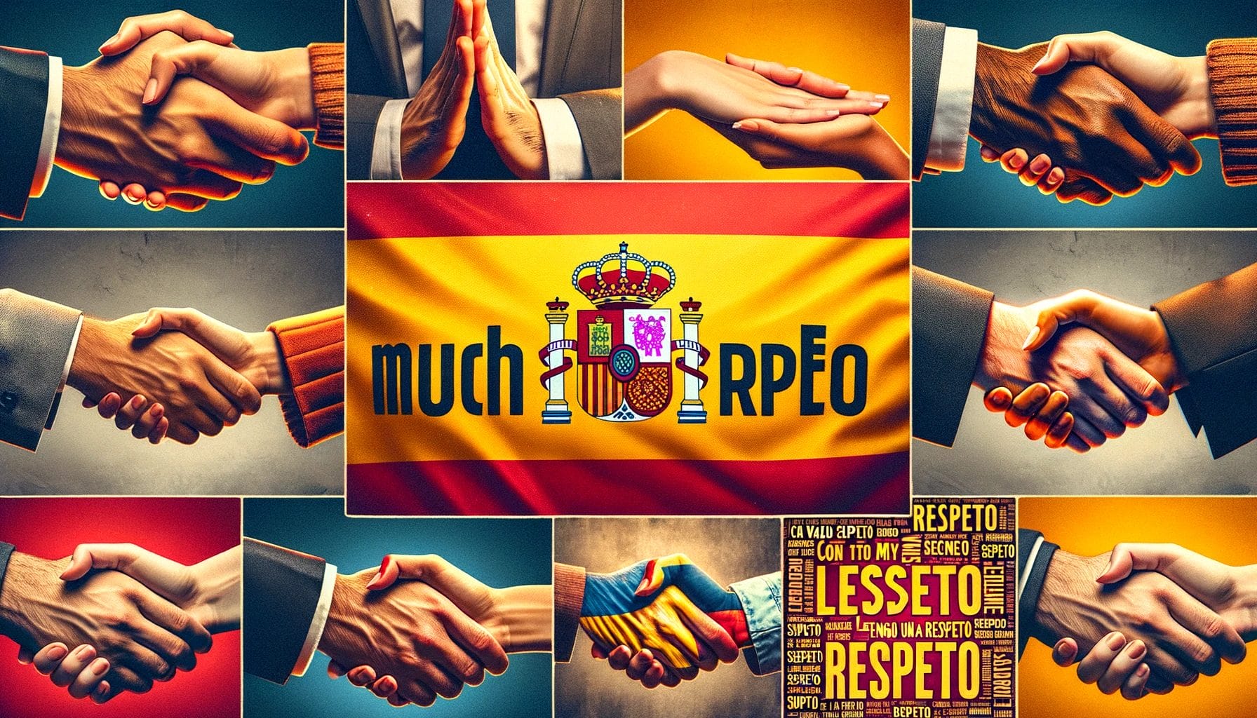 スペイン国旗と握手を交わし、敬意を伝える人々の写真のコラージュ。