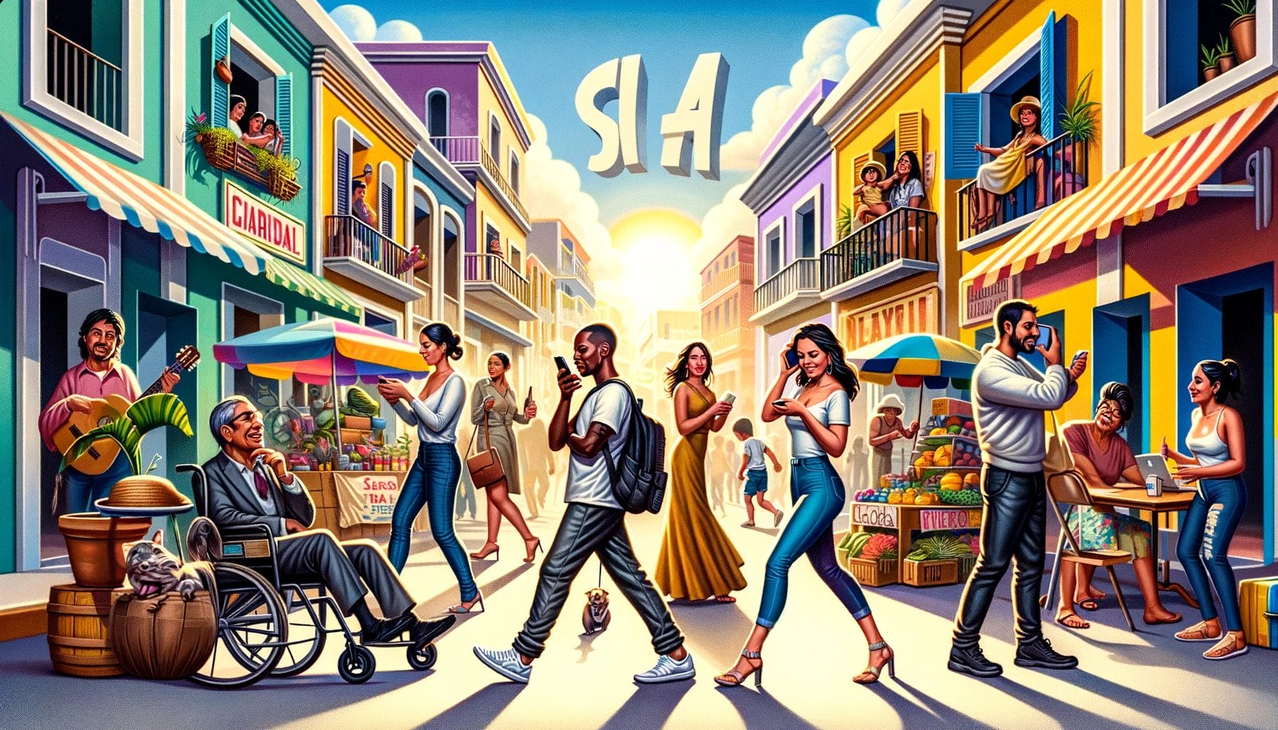 道を歩く人々を描いたスペイン語の絵。