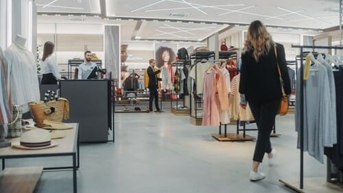 女性がスペインの衣料品店を歩いています。