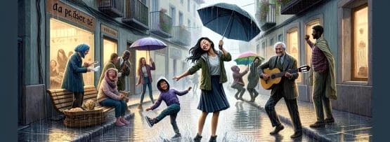 雨の中を傘を差して歩く人々の絵で、雨の日の雰囲気を表現しています。