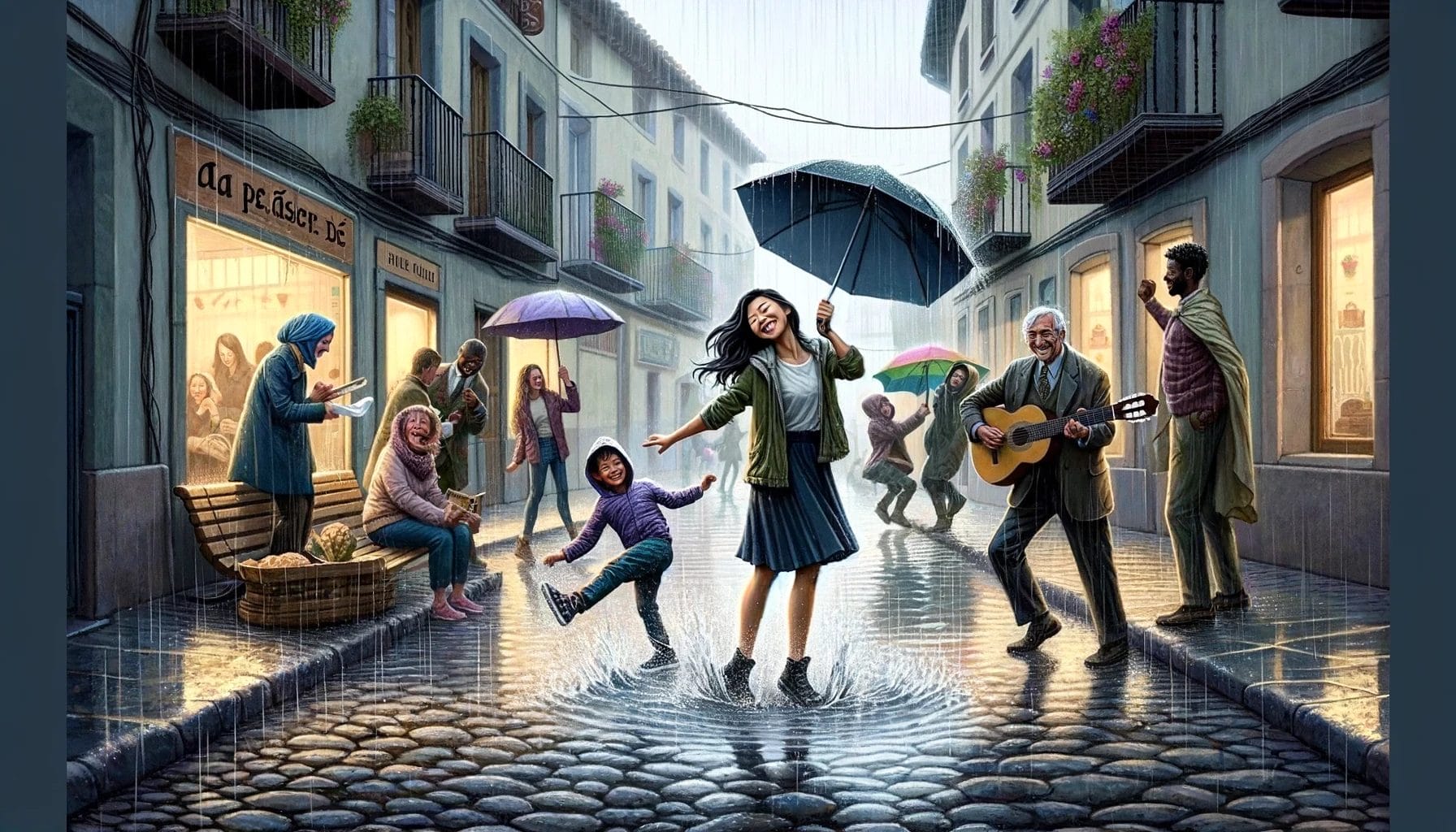 雨の中を傘を差して歩く人々の絵で、雨の日の雰囲気を表現しています。