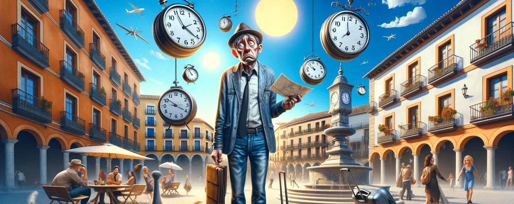 スペイン語を話す男、周囲に時計をぶら下げ、愚痴に苦しんでいる。