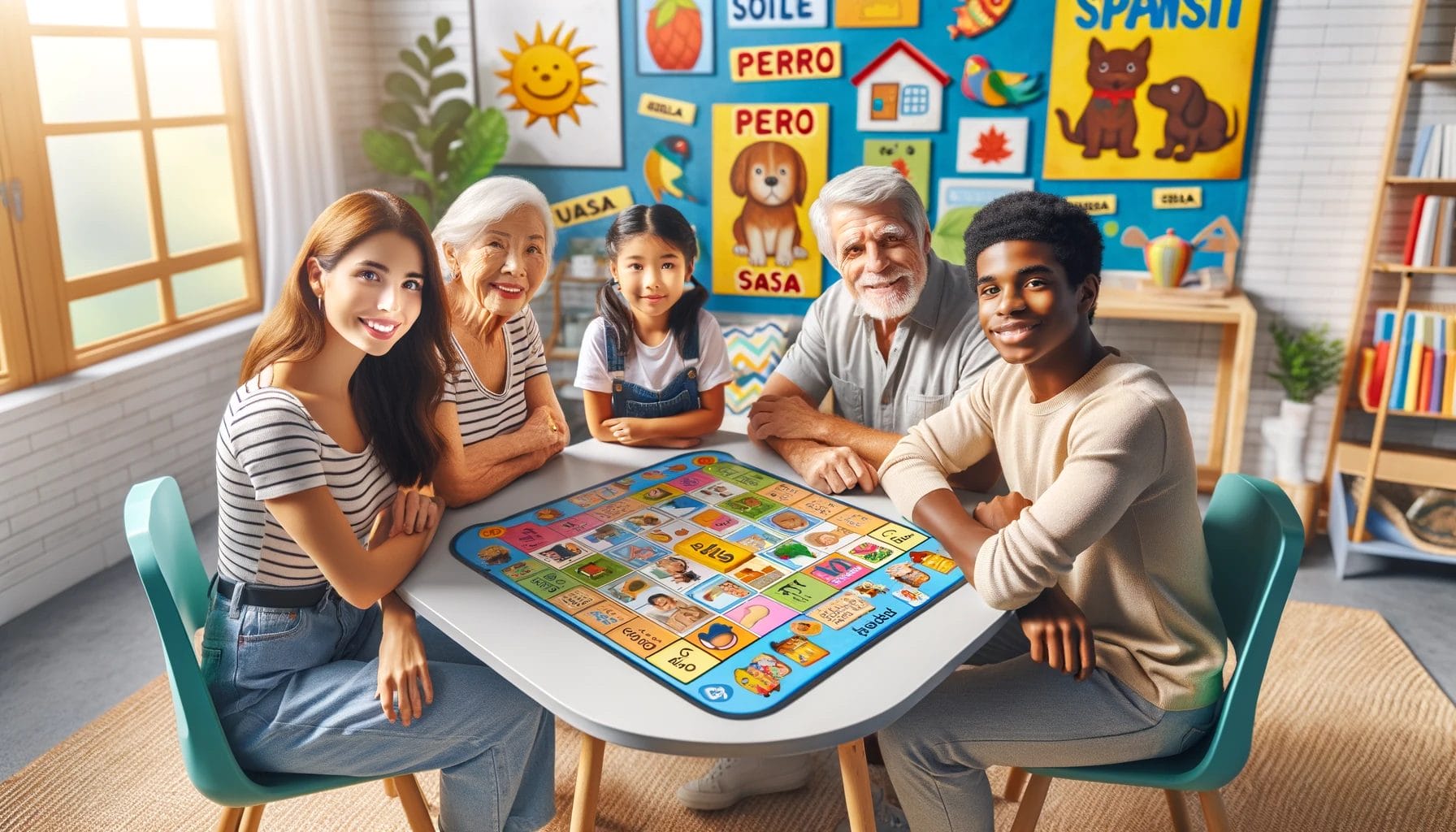 テーブルの周りに座ってボードゲームをしながら、スペイン語の語彙を学んだり、遊んだりする人々のグループ。