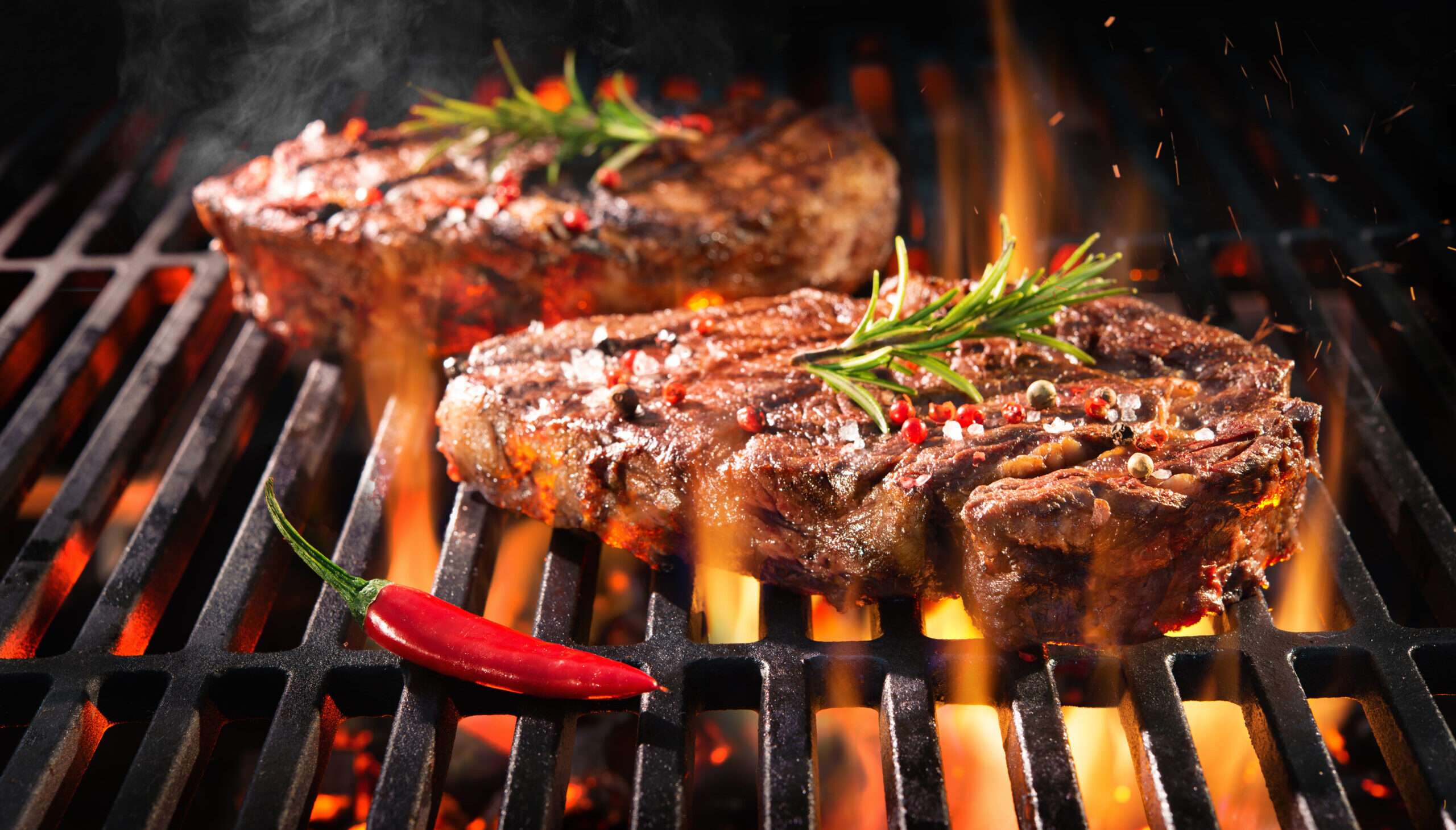 スペイン - スペイン風にピーマンと唐辛子を添えてグリルしたステーキ 2 枚。 スペイン - スペイン風にピーマンと唐辛子を添えてグリルしたステーキ 2 枚。