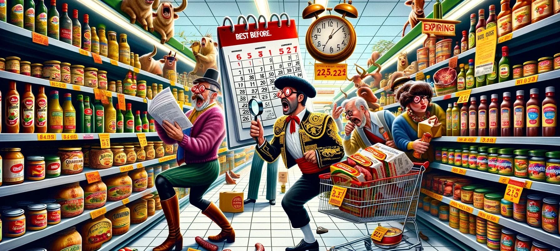 スペイン語表示の食料品店の人々の絵。