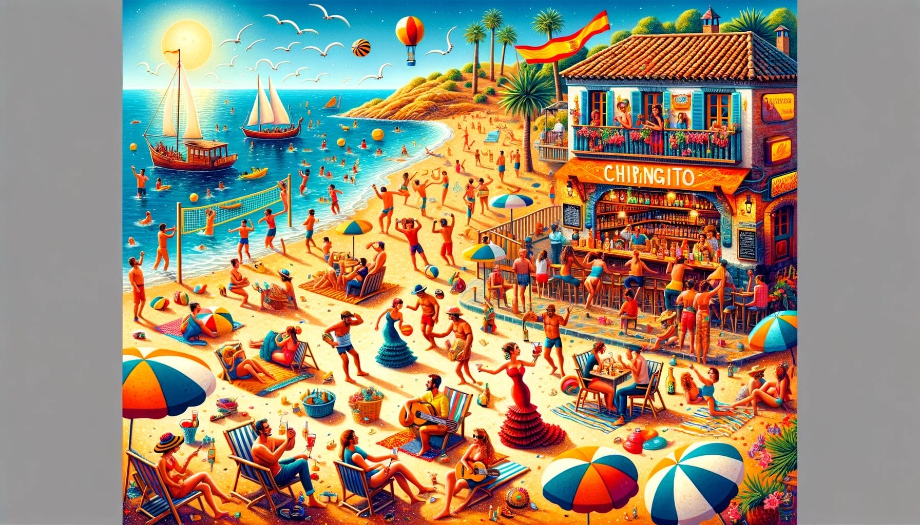 人々とパラソルのあるビーチのシーンを描いた続きの絵。 人々とパラソルのあるビーチのシーンを描いた続きの絵。