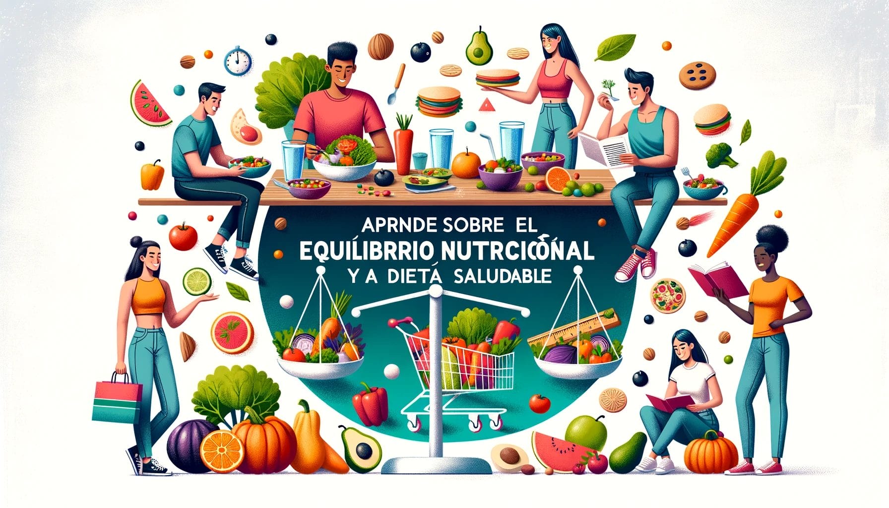 人々のグループがテーブルの周りに座り、スペイン語とバランスの取れた栄養価の高い食事を宣伝しながら健康的な食事を楽しんでいます。