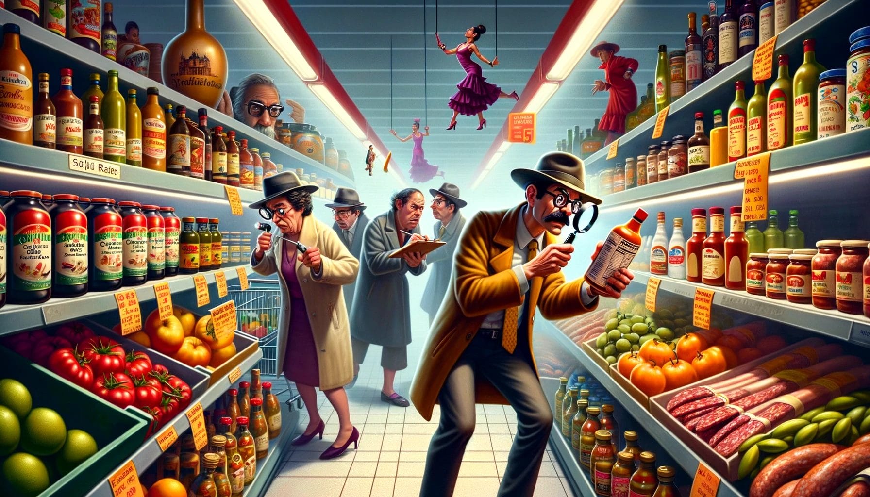 説明: 食料品店でチェックラベルを分析したり、成分表を読んだりする人々を描いた絵画。