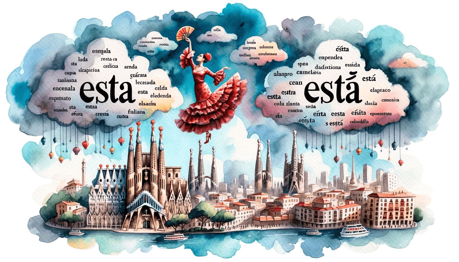 背景に都市がある「エスタ」という単語の水彩イラスト。スペイン語学習における「エスタ」と「エスタ」の違いと使用法を強調しています。